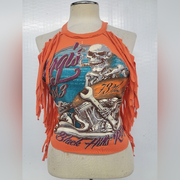 Harley Davidson/ Vamp Designs Tops - Harley Davidson Sturgis Rally Fringe Halter Top Upcycled